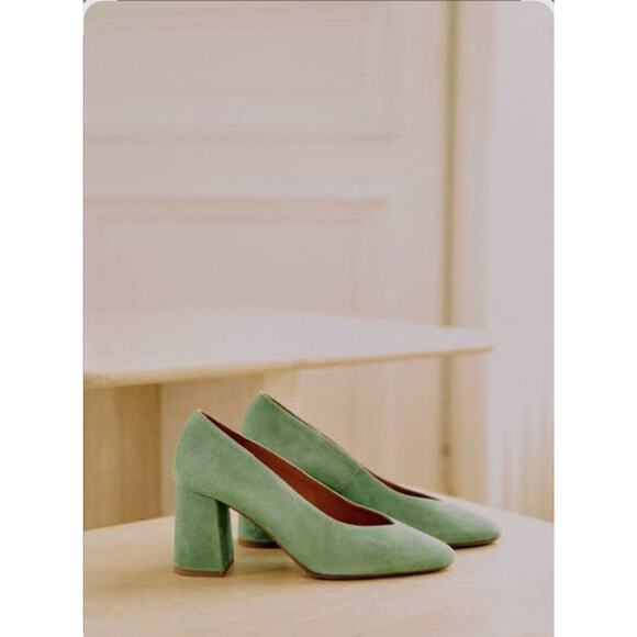 Sezane Shoes - NIB Sezane Alice High Heels Suede Block Heel Pump Green EU 37 /US 6